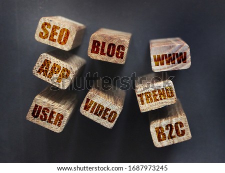 SEO blog video app www B2C words on wooden blocks. Search engine optimization internet marketing concept.
