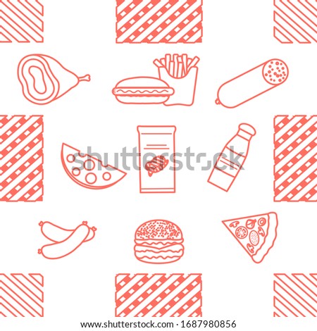 Seamless pattern with food. Sausage, hamburger, cheese, pizza, french fries, chips, hot dog, ham.  Unhealthy lifestyle. Fast food Snack Picnic. Harmful eating habits Design for wrapping, fabric, print
