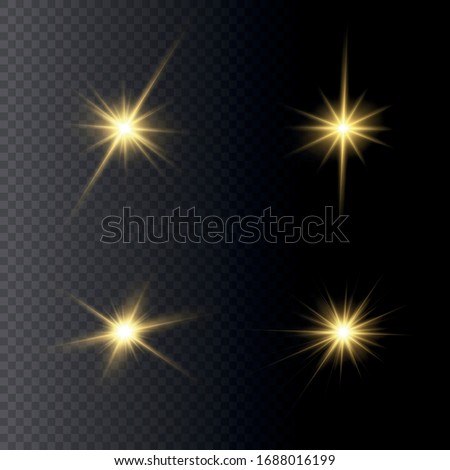 Set of bright Star. Yellow glowing light explodes on a transparent background. Transparent shining sun, bright flash. To center a bright flash. Sparkling magical dust particles. Vector sparkles.