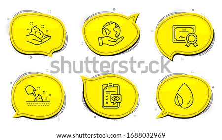 Skin moisture sign. Diploma certificate, save planet chat bubbles. Leaf dew, Skin care and Eye checklist line icons set. Water drop, Hand cream, Optometry. Wet cream. Healthcare set. Vector