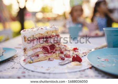Piece of cake on table on summer garden party, birthday celebration concept.