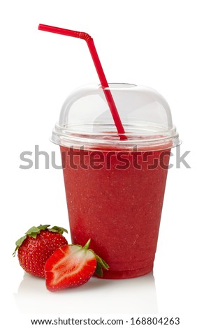 Glass of strawberry smoothie on white background