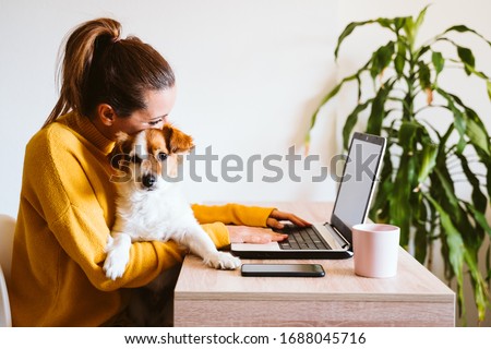 young woman working on laptop at home,cute small dog besides. work from home, stay safe during coronavirus covid-2019 concpt Royalty-Free Stock Photo #1688045716