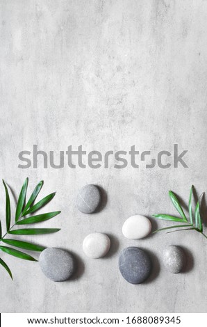 Grey spa background, spa concept, palm leaves and grey stones, top view