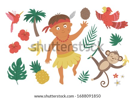 Vector flat African or Papuan boy with birds, flowers, fruits, monkey. Cute tropical, jungle, exotic set of elements. Funny summer clip art collection