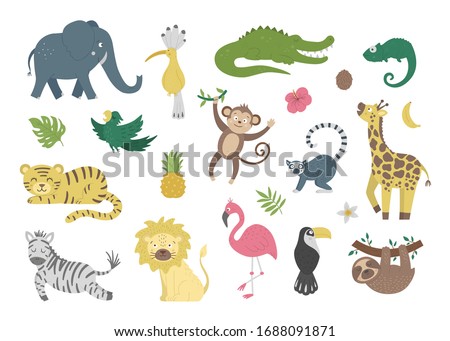 Vector set with cute exotic animals, leaves, flowers, fruits isolated on white background. Funny tropical birds and plants illustration. Bright flat picture for children. Jungle summer clip art