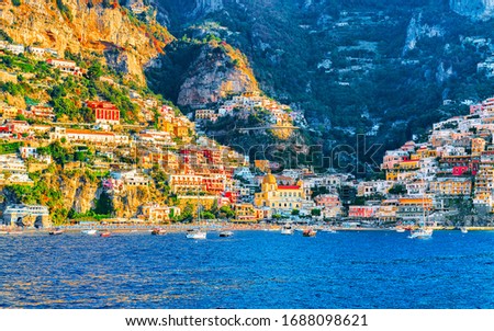 Cityscape and coastal landscape at Italian Positano luxury town on Amalfi Coast and Tyrrhenian Sea in Italy in summer. View of Amalfitana coastline. Vacation and holiday near Salerno. Royalty-Free Stock Photo #1688098621