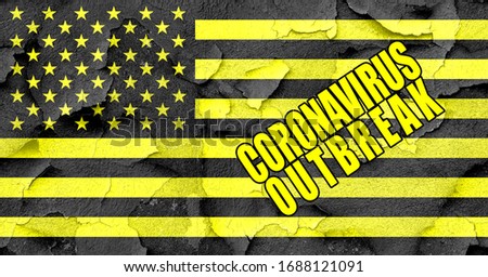 USA national flag in yellow and black quarantine colors with Coronavirus Outbreak inscription text over the banner. United States of America Covid-10 lockdown sign.