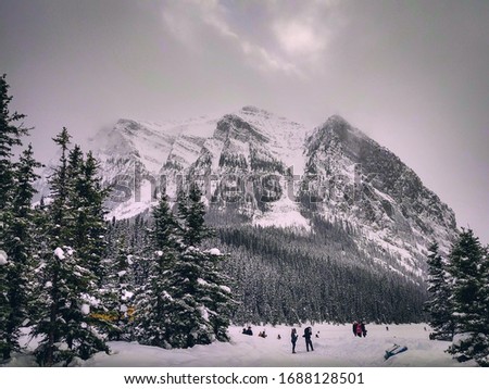 A beautiful view from Lake Louise, Canada. with families having fun