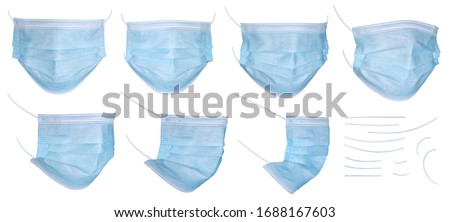 Set of medical mask or surgical ear loop mask isolated on white background with clipping path. Medical mask isolated on white background. Surgical mask, template for design, high resolution, close up. Royalty-Free Stock Photo #1688167603