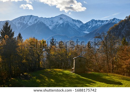 Autumn landscape in mountains of Italy with yellowed trees and mountains covered by snow