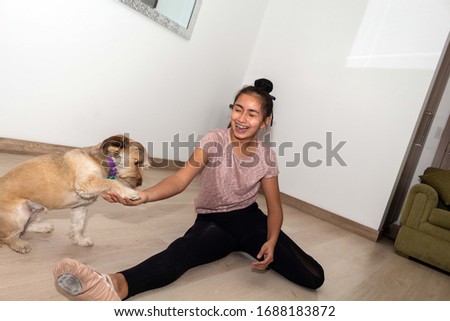 A dog paws his little girl who laughs happily and practices ballet, dance and gymnastics in her living room