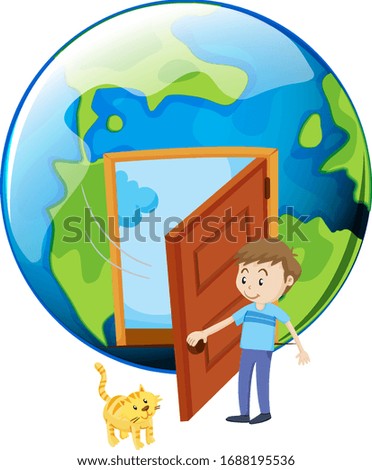 Man opening door for pet cat on earth illustration