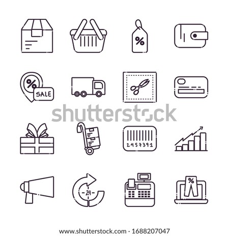 Shopping line style icon set design of Commerce market store shop retail buy paying banking and consumerism theme Vector illustration