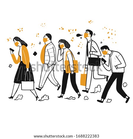 A lot of people who daily use. Walking, hygiene masks The prevention of contagious diseases. Hand drawn, Vector Illustration doodle style. Royalty-Free Stock Photo #1688222383