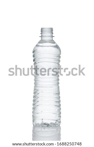 Transparent clear open water bottle on white background for mockup design front view without cap Royalty-Free Stock Photo #1688250748