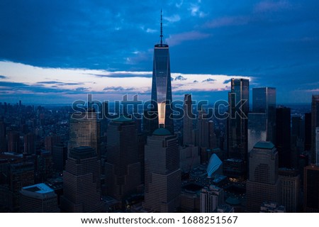 Aerial of view of New York City Downtown at Evening. 