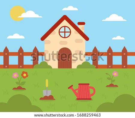 Spring landscape in flat design. Gardening and countryside is springtime.