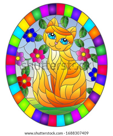 Illustration in stained glass style with a   red  cute cat on a background of meadows, bright flowers and sky, oval image in bright frame 