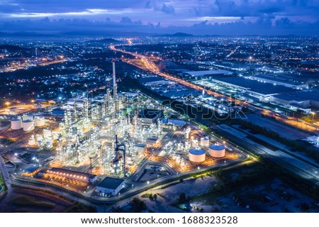 oil and gas refinery industry factory zone at laem chabang chon buri Thailand  twilight landscape aerial view Royalty-Free Stock Photo #1688323528
