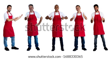 Group of 5 happy laughing male waiters and clerks isolated on white background for cut out Royalty-Free Stock Photo #1688330365