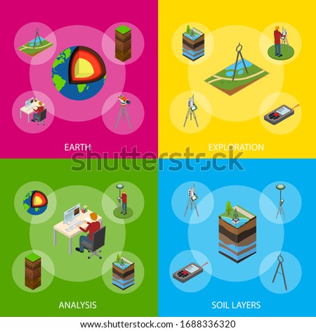 Earth Exploration Concept Banner Set 3d Isometric View Include of Research Instrument, Exploration Ground, Geology Device and Tripod. Vector illustration of Icons