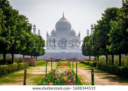 The Taj Mahal in Agra city. It is a pure white marble mausoleum on the banks of the Yamuna river in Uttar Pradesh India. Taj Mahal views from Mehtab Bagh Garden. Architecture of Taj Mahal Agra - Image