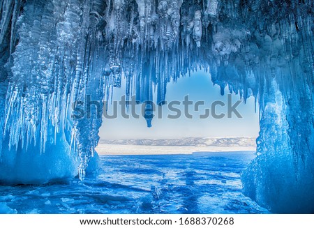 Ice cave on Olkhon island on Baikal lake in Siberia,Russia at winter time