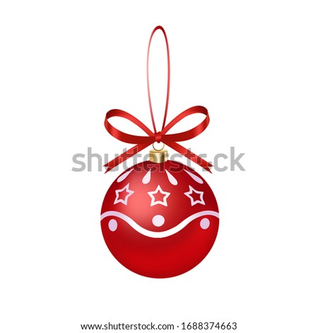 Red ribbon bow red pattern Christmas decoration ball, holiday pendant, hand drawn 3D vector illustration, birthday decorations.