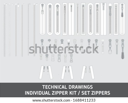 Fashion elements: Basic Zipper Vector Illustration Technical Drawing Zip pullers lock stock collection isolated vector fittings sequins chain rope illustrator zippered zippered lock zipper pullers Royalty-Free Stock Photo #1688411233