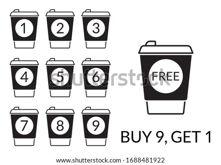 Take away coffee cup concept. Buy 9 cups and get 1 for free. Design element for promotion cafe card or loyalty voucher. Coffee to go icons.