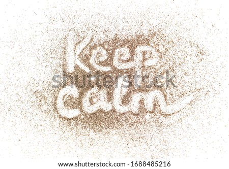 Keep Calm, text of golden glitter on white background