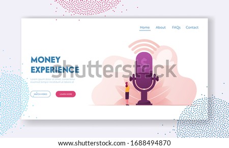 Money Talks and Financial Radio or Tv Program Broadcasting Landing Page Template. Female Character Stand at Huge Microphone Talk of Finance. Businesswoman Speak of Money. Cartoon Vector Illustration