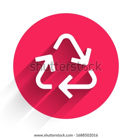 White Recycle symbol icon isolated with long shadow. Circular arrow icon. Environment recyclable go green. Red circle button. Vector Illustration