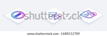 Set Isometric line Price tag with New, Financial growth and coin and Shield with dollar. White square button. Vector
