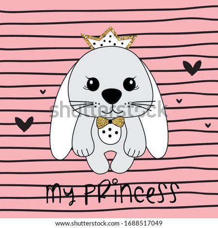 cute princess bunny girl vector illustration, T-shirt graphics design for kids, Easter bunny cartoon