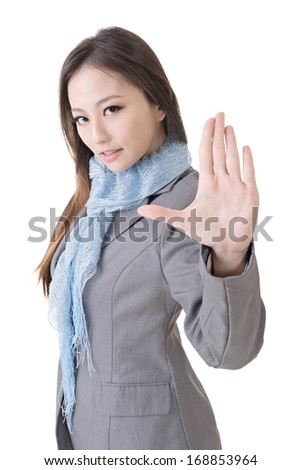 Asian business woman give you No gesture, close up portrait on white background.