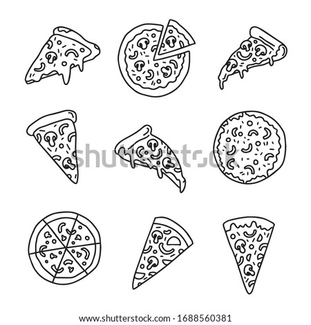 Outline pizza slices, whole pizza. Vector simple Doodle style Royalty-Free Stock Photo #1688560381