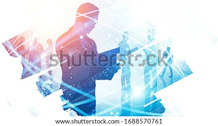Silhouettes of diverse business people in blurry city with double exposure of internet connection interface and planet hologram. Concept of global business and communication. Toned image
