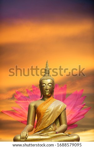 A peaceful superimposed or double exposure images of Golden Buddha statue with a nice background from Ayuthaya, Thailand and a pink lotus. Buddha statue is posing “The attitude of subduing Mara". Royalty-Free Stock Photo #1688579095