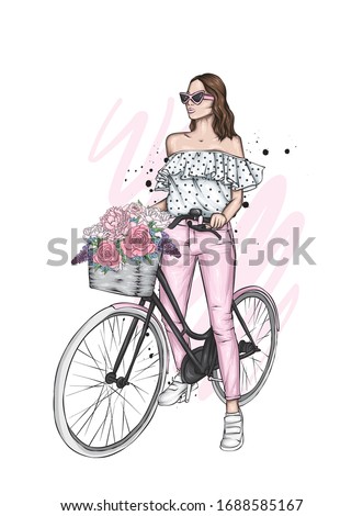 Beautiful girl with a vintage bike. Pants and T-shirt. Vector illustration for a card or poster, print on clothes. Fashion, style and accessories. Royalty-Free Stock Photo #1688585167