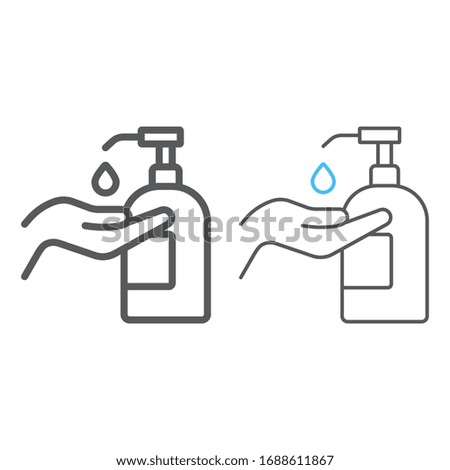 Disinfection soap with hand line and color line icon, wash and hygiene, hand soap sign, vector graphics, a linear pattern on a white background, eps 10