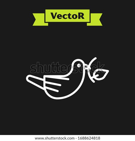 White line Peace dove with olive branch icon isolated on black background. Happy Easter.  Vector Illustration