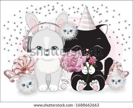 lovely cute black cat and bunny in headphones with gifts. Picture in hand drawing cartoon style, for t-shirt wear fashion print design, greeting card, postcard. baby shower. party invitation.