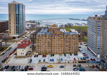 Aerial view of Milwaukee Wisconsin including McKinley Marina 