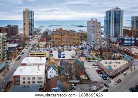 Aerial view of Milwaukee Wisconsin including McKinley Marina and the east side