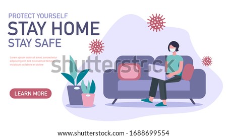 Stay home banner template. Young woman with medical mask sitting home with laptop. Quarantine or self-isolation. Trendy flat vector illustration, landing page