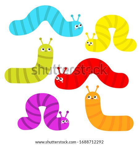 Caterpillar set. Insect icon. Cute crawling bug. Cartoon funny kawaii baby animal character Smiling face. Colorful bright green blue yellow red orange purple color. Flat design White background Vector