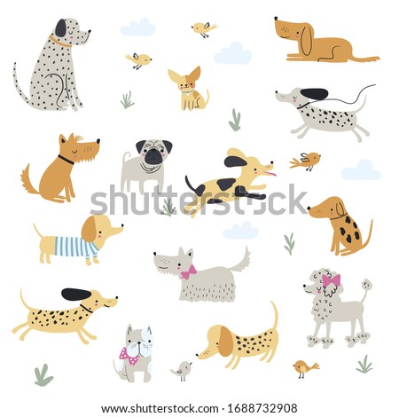 Graphic set of hand drawn illustration with cute dogs. Vector isolated