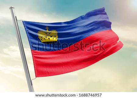Liechtenstein national flag cloth fabric waving on the sky with beautiful sun light - Image